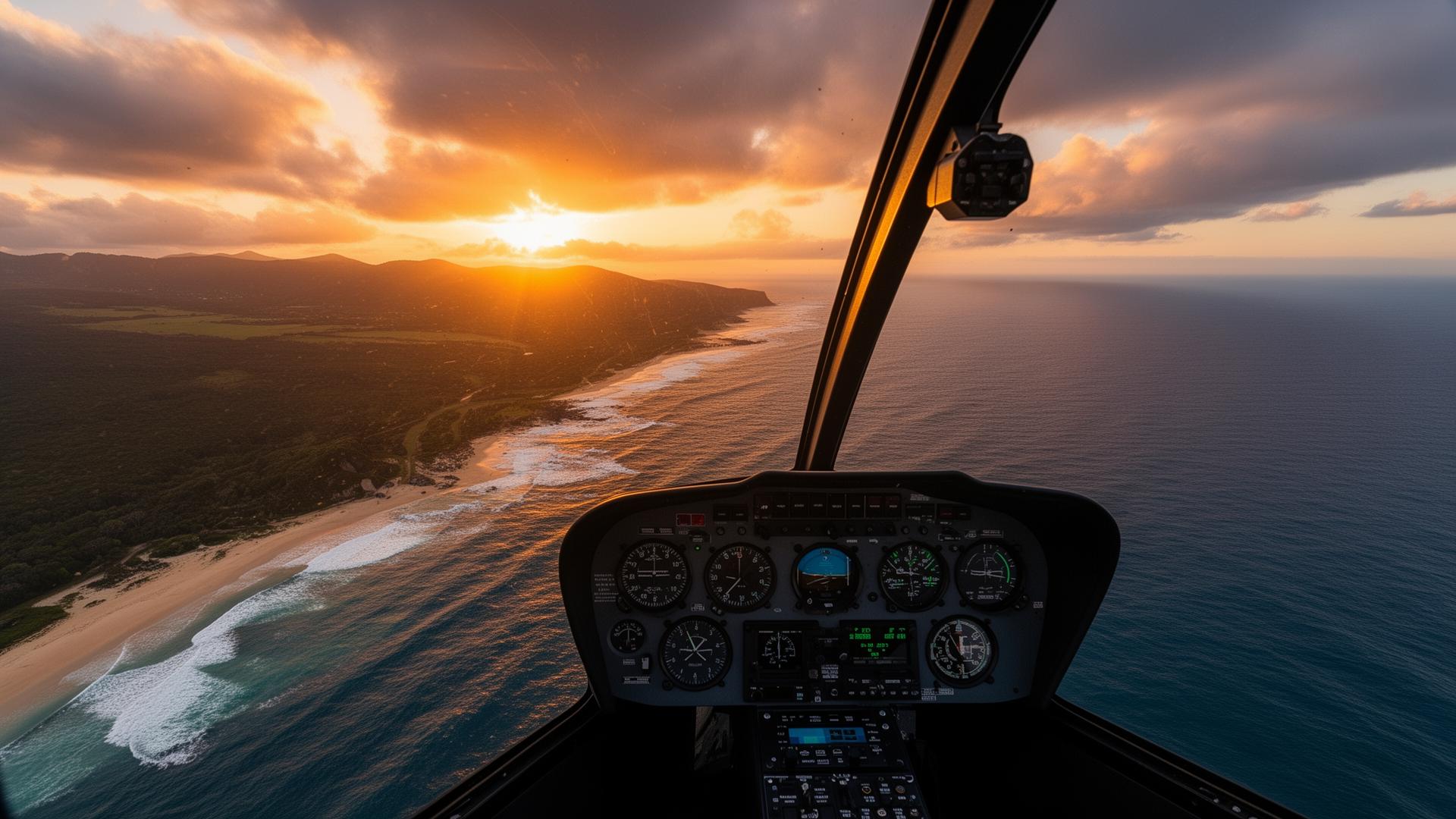 Aerial view from a helicopter cockpit at sunset
