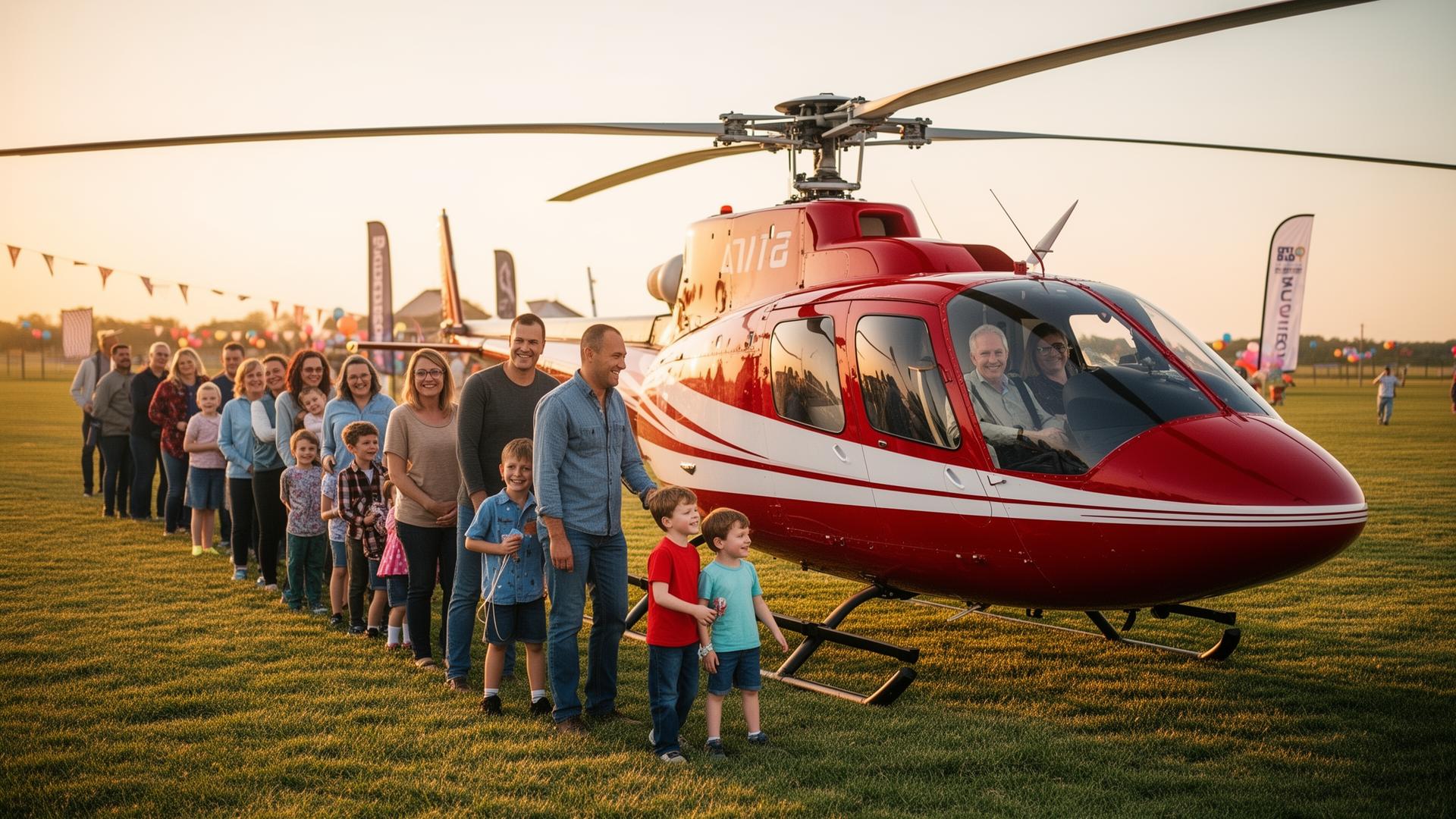 Families lining up for helicopter rides at a charity fundraiser event
