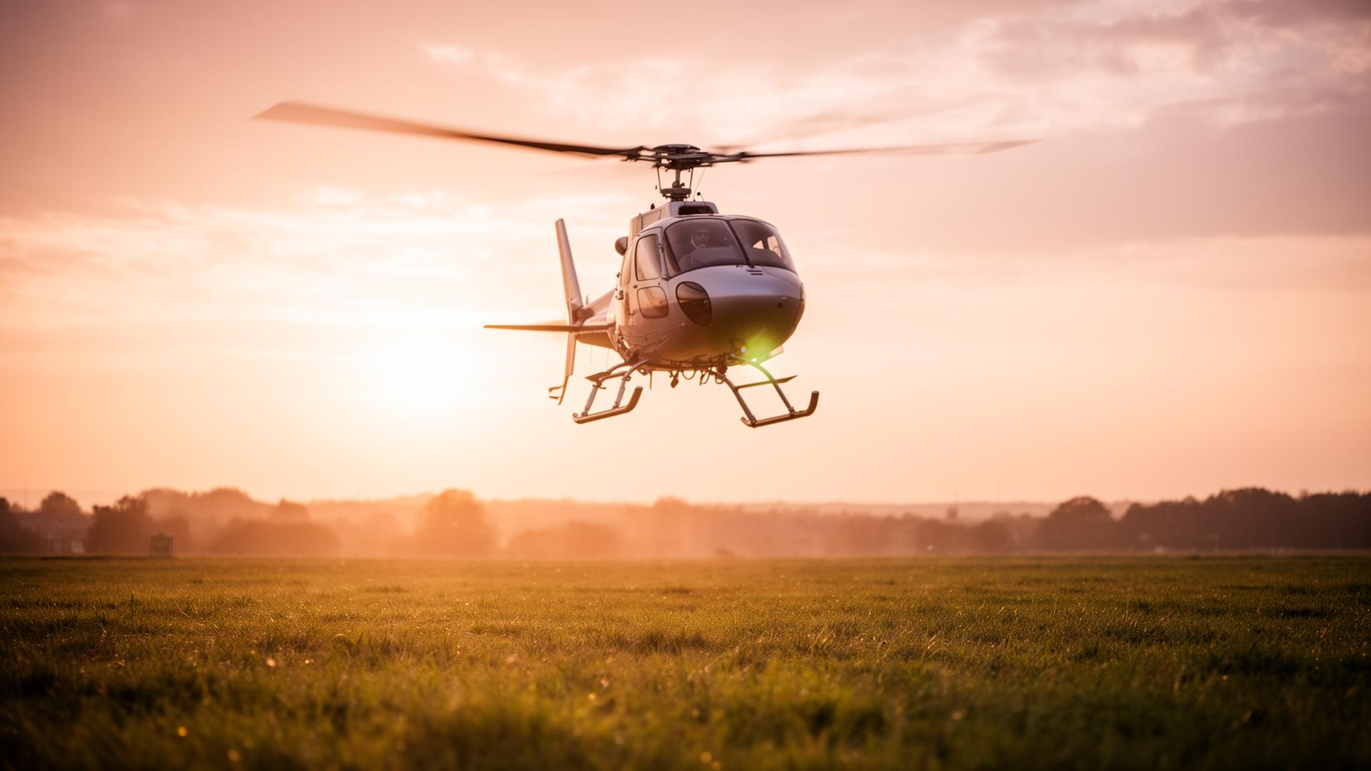 A helicopter lifting off into a golden hour sky